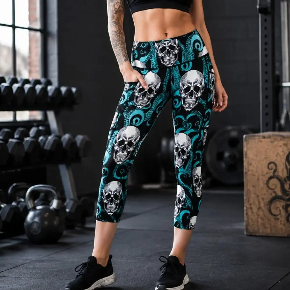 CVG Kraken Skull Octopus Cropped Leggings XS Side Pockets Gothic Activewear NWOT